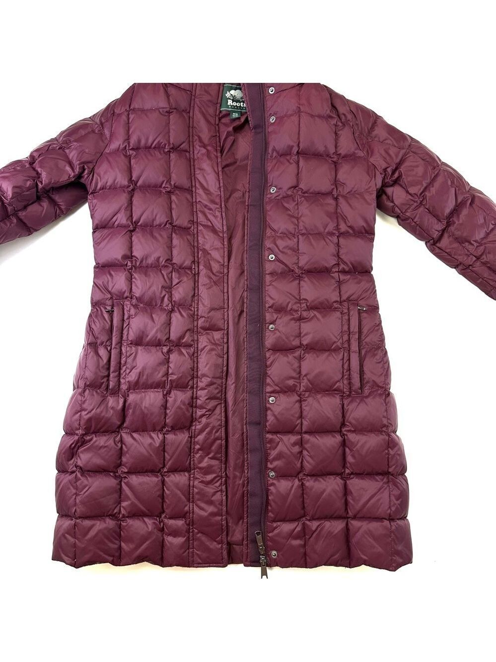 Roots down hooded puffer coat Womens Medium burgundy quilted long line winter - Picture 9 of 14